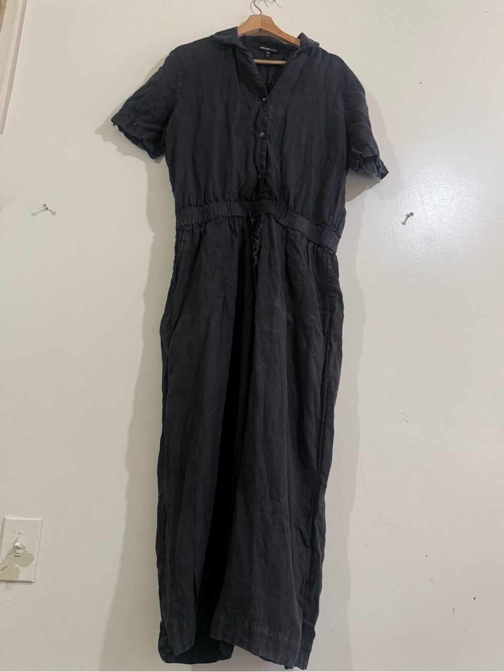 James Perse Black Short Sleeve Linen Maxi Dress with Elastic Waist